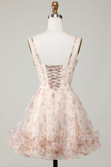 Champagne A-Line Korsett Floral Kort Homecoming Dress